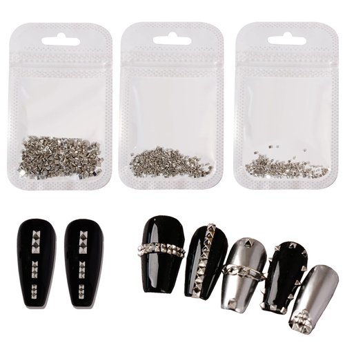 3 Packs Nail Art Punk Rivets Nail Rivets Nails Craft Flatback Spike Studs Punk Style Pointy Top Square Metallic Nail Studs Nail Art Charms Nail Supplies for DIY Manicure Tips Craft, 3 Size, Silver
