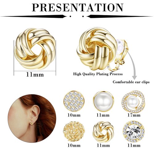 HAIAISO 6 Pairs Clip On Earrings Cubic Zirconia Pearl Knot Twist Clip On Earrings Non Pierced for Women Girls Clip Earrings Set