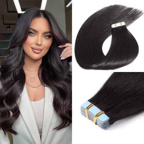 FoxFace Tape in Hair Extensions Human Hair, Natural Black 14inch 50g 20pcs, Seamless Remy Straight Hair, Invisible Tape in Hair Extensions