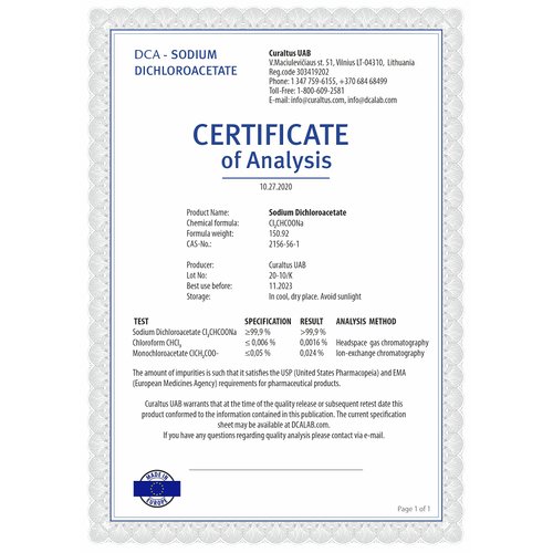 DCA - Sodium Dichloroacetate 500mg, 60 Capsules, Purity >99.9%, Made in Europe, by DCA-LAB, Certificate of Analysis Included, Tested in a Certified Laboratory, Buy Directly from Manufacturer