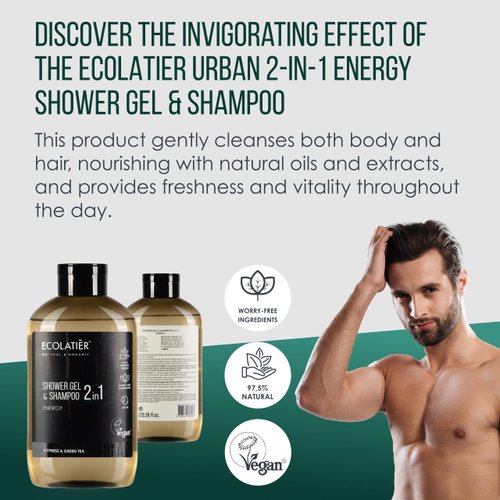 ECOLATIÈR Shower Gel & Shampoo 2-in-1 Energy for Men, Natural Mens Body Wash & Shampoo, 97.5% Natural Ingredients, Vegan, Hair & Body Wash Men, 20.3 Fl Oz / 600ml