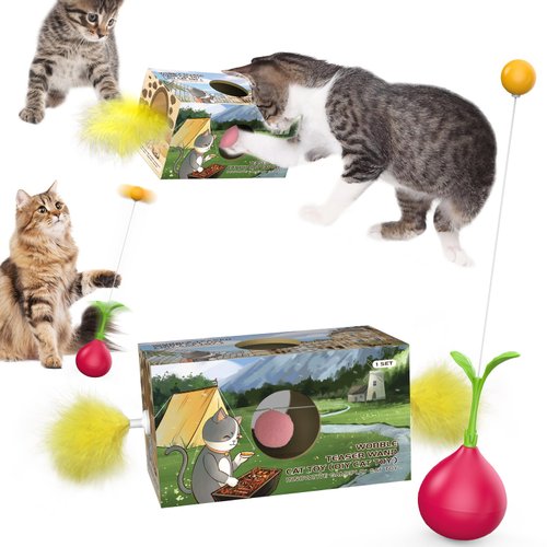 Hihope Cat Toys for Indoor Cats 2in1 Wobble Teaser Wand Cat Toy – Interactive Enrichment Toy – Cat Treat Puzzle Toy Box – Best DIY Cat Toy Ever