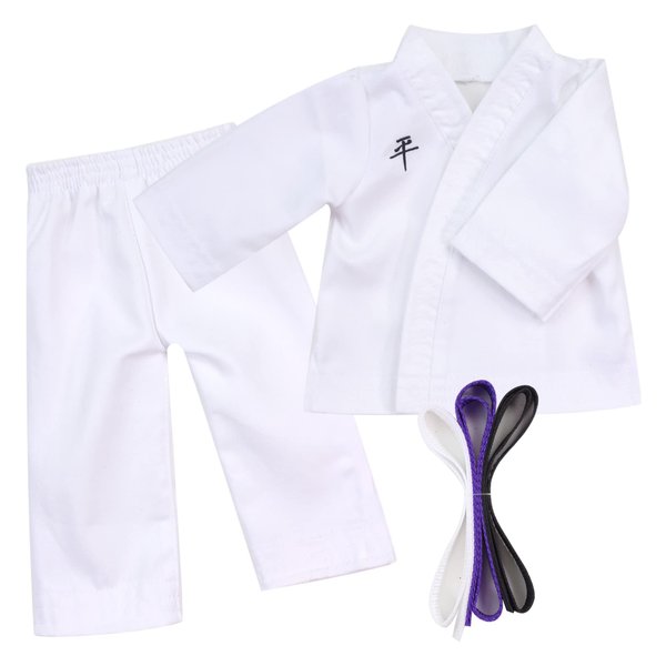 Sophia's Gender-Neutral Judo Tae Kwon Do Karate Martial Arts Gi Uniform with White, Purple, & Black Belts for 18” Dolls, White