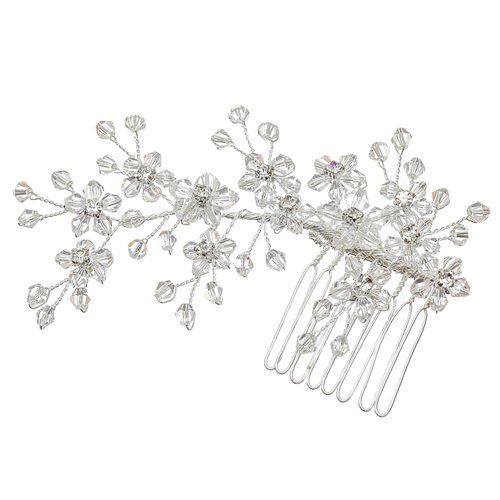 SAMKY Handmade Crystal Bead Flower Bridal Tiara Hair Comb - Silver Plated FC017