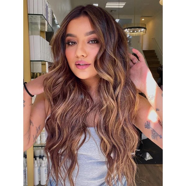 AISI BEAUTY Long Ombre Brown Wigs for Women 26 Inch Middle Part Ombre Brown Mixed Blonde Highlight Wig Long Curly Wavy Synthetic Wigs for Daily Party Use