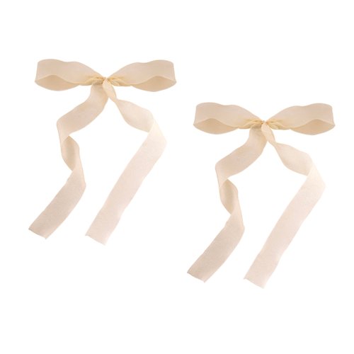 OJERRY Set of 2 Medium Size Long Tail Beige Sheer Silk Hair Ribbon Bow for Women, Bow Hair Mini Metal French Barrette Clip Set, Old Money Feminine Coquette Bow Aesthetic Gift Hair Accessories