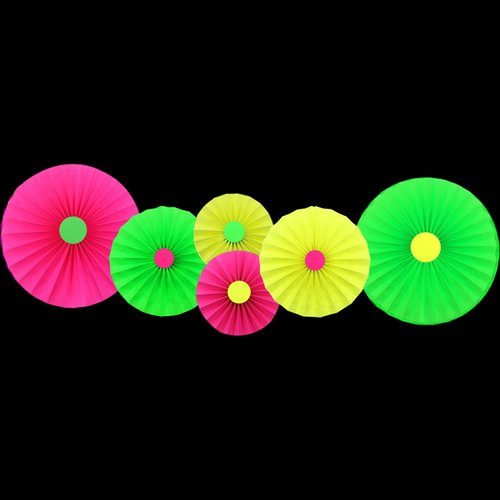 6Pcs UV Neon Hanging Paper Fans Flowers Glow Paper Fans Party Supplies and Decorations Glow in The Dark Blacklight Reactive Fluorescent Black Light Party Kit Neon Party for Birthday Wedding