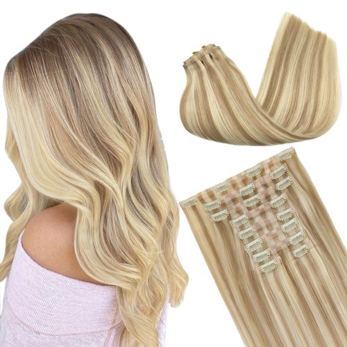 GOO GOO Clip in Hair Extensions Real Human Hair, 14inch 130g 9Pcs, 18A/613A Dark Blonde Highlighted Bleach Blonde, Remy Human Hair Extensions Clip ins for Women, Natural Human Hair