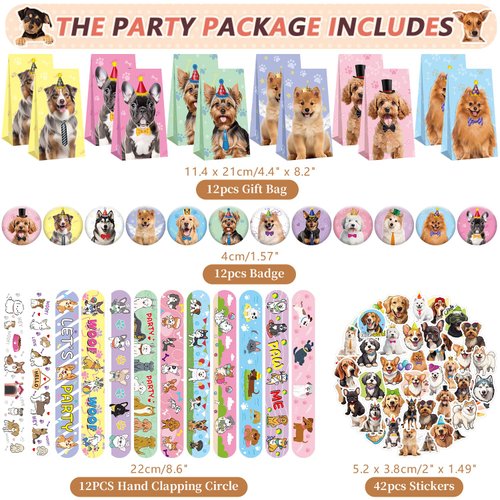 114PCS Dog Paw Party Favors Set, Puppy Party Favors for Kids, 54 Dog Stickers,12 Goodie Bags,12 Button Badges,12 Keychains,12mini Notepads,12 Slap Bracelet for Paw Print Birthday Party Supplies