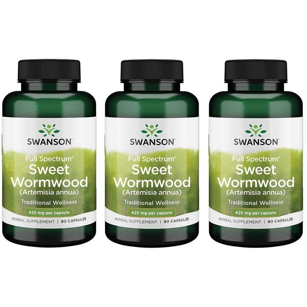 Swanson Sweet Wormwood - May Promote GI Gut Health, Microbial Balance & Digestive Health Support - Herbal Supplement with Artemisinin - (90 Capsules, 425mg Each) 3 Bottles