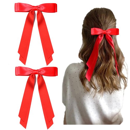 Ayesha Red Hair Bows Clips Red Satin Ribbon Bows with Long Tail Christmas Hair Bows Barrettes Hair Accessories for Women Girls 2pcs red bows