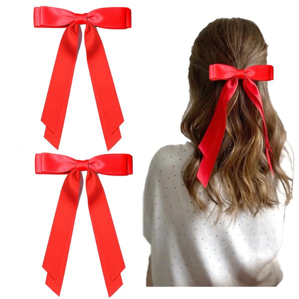 Ayesha Red Hair Bows Clips Red Satin Ribbon Bows with Long Tail Christmas Hair Bows Barrettes Hair Accessories for Women Girls 2pcs red bows