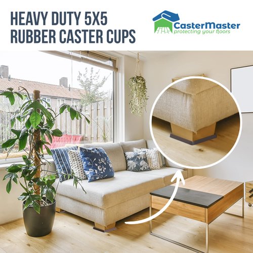 CasterMaster Non Slip Furniture Pads - 5x5 Square Rubber Anti Skid Caster Cups Leg Coasters - Couch, Chair, Feet, and Bed Stoppers with Anti - Sliding Floor Grip (Set of 4) Brown
