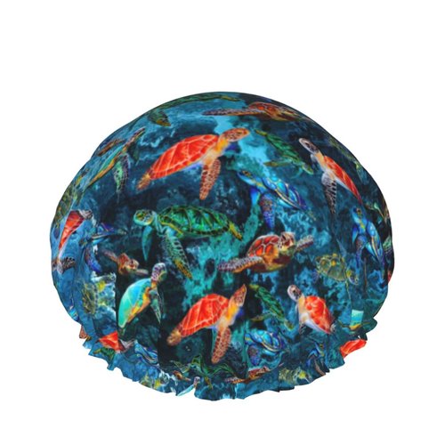 Sea Turtle Shower Cap For Women Adjustable Double Waterproof Layers Bathing Bath Cap Hair Protection Reusable Ladies Spa Salon Shower Hat