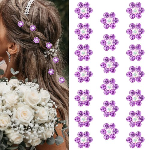 YISSION 20Pcs Mini Rhinestone Flower Hair Clips Cute Purple Hair Pins Small Decorative Hair Clips Wedding Hair Barrettes Bridal Hair Accessories for Girls Women