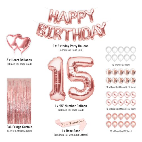 15 Party Supplies Rose Gold 15th Birthday Decorations for Girls with Happy Birthday Balloon Banner and Digit Balloons Including Latex and Confetti Balloons