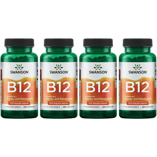 Swanson Vitamin B12 (Cyanocobalamin) - 500mcg Each, 250 Capsules - Energy, Nervous System, and Overall Wellness Support (4 Pack)