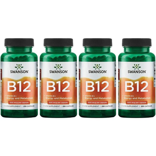 Swanson Vitamin B12 (Cyanocobalamin) - 500mcg Each, 250 Capsules - Energy, Nervous System, and Overall Wellness Support (4 Pack)