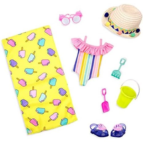Glitter Girls – Beach Day Rays – Outfit – 14-inch Doll Clothes – Rainbow Swimsuit, Beach Towel, & Accessories – Kids Ages 3 and Up – Children’s Toys