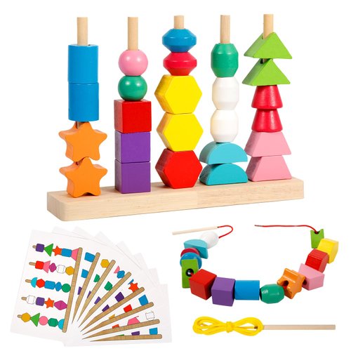 NQEUEPN Lacing Beads Toy Set, Colorful Wooden Montessori Bead Toy Sorting and Stacking Blocks Educational Threading Toys for Toddlers Preschool Learning