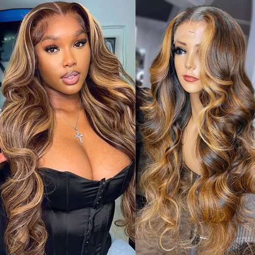 4/27 Brown Honey Blonde Highlight Ombre Lace Front Wigs Human Hair T Part HD Transparent Lace Body Wave Wigs 180% Density Brazilian Human Hair Brown Mix Golden Colored Wigs for Women(16 Inch)
