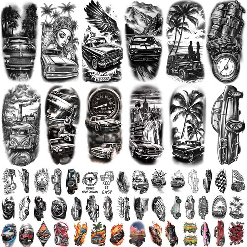 77 Sheets Car Temporary Tattoo Adult Teen Kid Realistic Half Sleeve Fake Tattoos Stickers Arm Body Art Makeup for Man Women