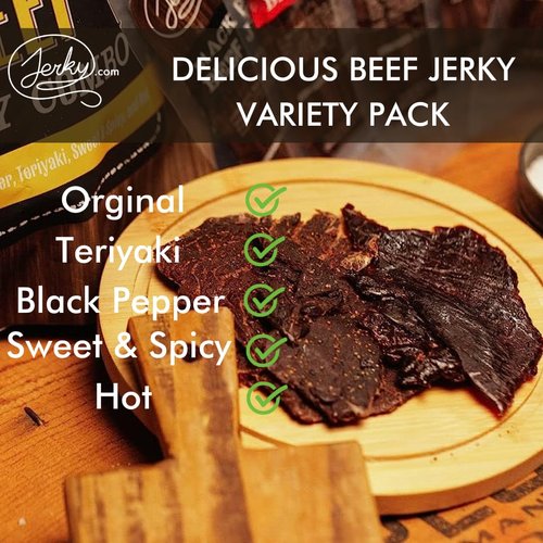 Jerky.com Beef Jerky Combo - 5 Flavor Variety Pack: Hot, Teriyaki, Original, Sweet & Spicy, Black Pepper - Gourmet Snack Gift for Men (12.5 total oz.)