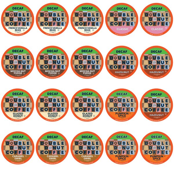 Double Donut Coffee Decaf Flavored Coffee Single Serve Cups For Keurig K Cup Brewer Variety Pack Sampler, 20Count