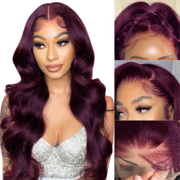 QNQZ 22 Inch Deep Purple Lace Front Wigs Human Hair 180% Density 99J Burgundy Body Wave Wigs for Women 13x4 HD Lace Front Wigs Human Hair Pre Plucked with Baby Hair