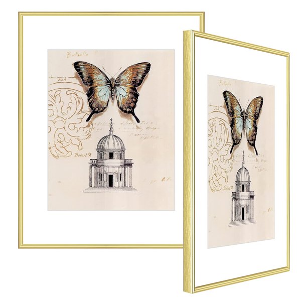 Fkvat 8.5x11 Picture Frame Set of 2, Gold Brushed Thin Metal, Picture Frames for Wall and Tabletop, Certificate Document Aluminum Photo Frame, Display 8.5 x 11 without Mat or 5x7 with Mat (2 Pack)