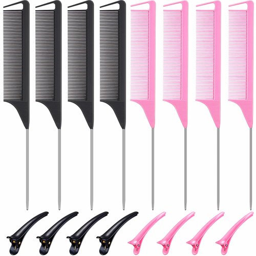 Patelai 16 Pieces Hair Comb Set, Includes Parting Combs, Sectioning Clips, Carbon Stainless Steel Combs (Black and Pink)