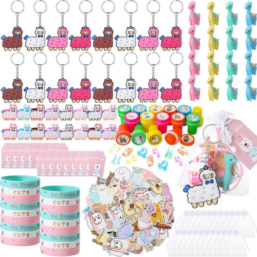 Seajan 162 Pcs Llama Birthday Party Favors for 16 Kids Include Keychain Ring Bracelet Stamp Erasers Sticker Bag Tags for Panda Sloth Butterfly Monkey Theme Birthday Baby Shower Party Decor
