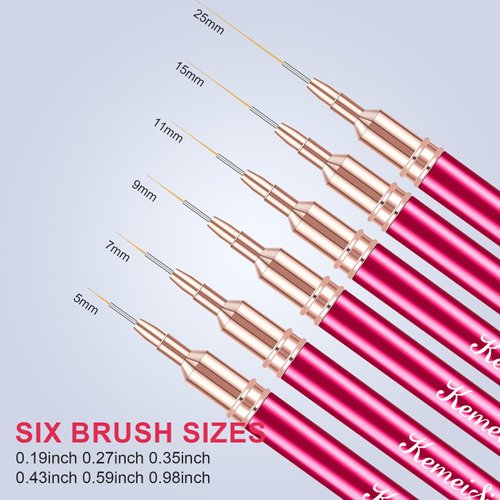 KEMEISI 6Pcs Nail Art Liner Brushes, Striping Nail Art Brush for Gel Polish Painting, Thin Detail Brush Fine Drawing Art Design Pen Size 5/7/9/11/15/25mm