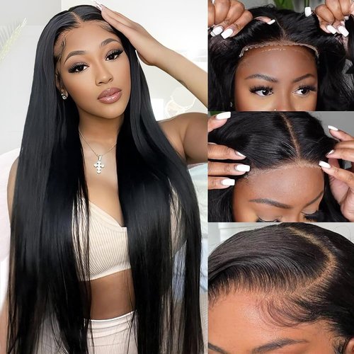 Wear and Go Glueless Wigs Human Hair Pre Plucked Pre Cut 5x5 HD Lace Closure Wigs Human Hair 180% Density Straight Lace Front Wigs Human Hair for Women Brazilian Virgin (28in, black)