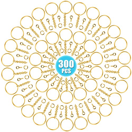 Keychain Rings Kit for Crafts Gold, PAXCOO Includes 100Pcs Split Key Ring with Chain, 100pcs Jump Rings and 100pcs Screw Eye Pins for Resin Keychain Making