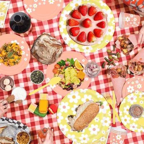 Daisy Party Tableware Decorations, 112pcs Daisy Party Supplies Include Paper Plates Napkins Cups Forks Knives Spoons for Daisy Flowers Summer Boho Girls Women Birthday Babyshower Party