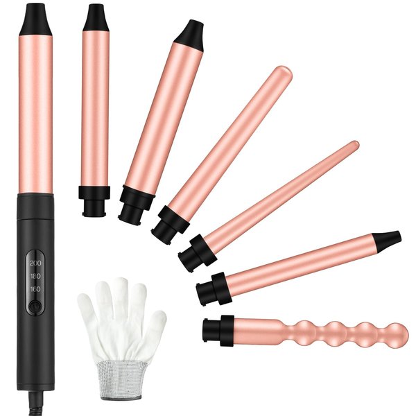 WILLBOND 6 in 1 Curling Iron Set Instant Heat up Curling Wand with 6 Interchangeable Ceramic Barrels and 3 Temperature Adjustments Curler Set Fast Heating Hair Wand Curler with Protective Glove