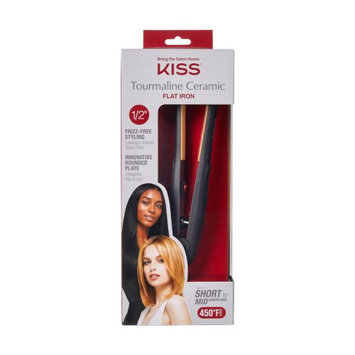 KISS Tourmaline Ceramic Flat Iron Hair Straightener & Styling Tool, 1/2" Plates, Frizz-Free Styling, Rounded Edge for Curls, 30-Second Heat Up, Up to 450°F, Black