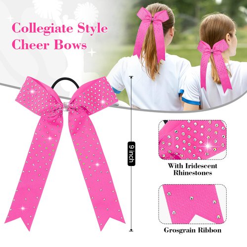DEEKA 12 PCS Glitter Collegiate Style Cheer Bows Long Tail Full Rhinestones Skinny Shiny Cheer Bow Ponytail Holder Handmade Bows for Girls Teens Cheerleader Sports -Pink