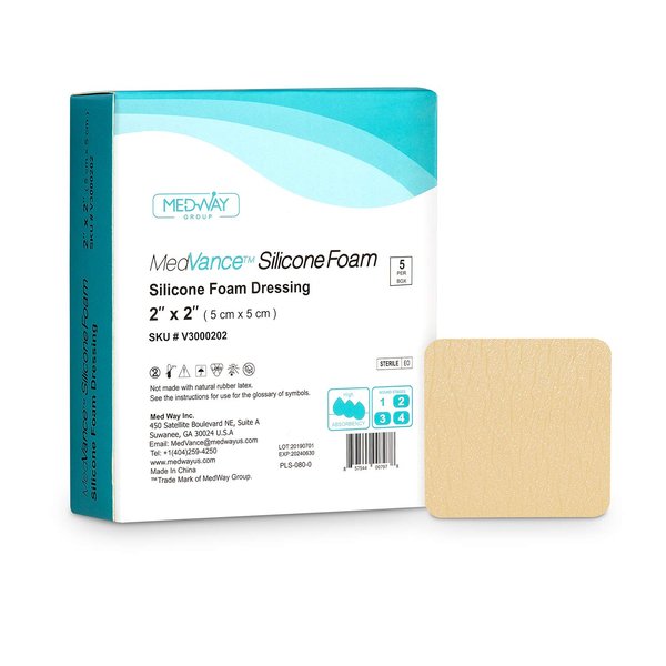 MedVance TM Silicone - Silicone Adhesive Foam Absorbent Dressing, 2"x2", Box of 5 dressings
