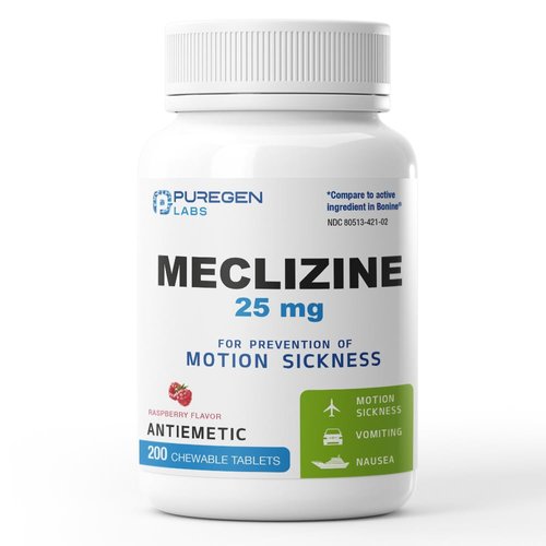 Puregen Labs Meclizine 25 mg Antiemetic 200 chewable Tablets | Motion Sickness Relief - Prevent Nausea, Vomiting, and Dizziness | Dairy Free | Made in USA | Value Pack – 200 chewable Tablets