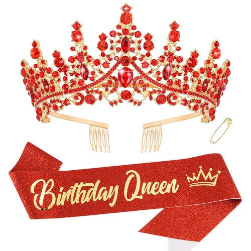 KICOSY Birthday Sash and Crown for Women Red Birthday Headband and Birthday Queen Sash Set Happy Birthday Tiara for Women Crystal Birthday Crown Adult Women Birthday Decorations