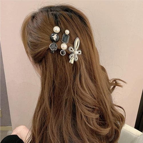 Fashion Fitoor Korean Fashion Style Pearl Rhinestone Metal Hair Clips Hair Pin Stylish Hair Accessories Jewellery For Women's And Girls, Black And White 11 Count (Pack of 1)