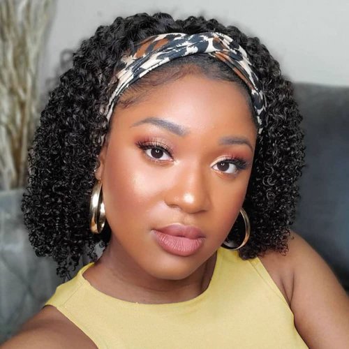 LAKASTATR Headband Wigs for Black Women Human Hair 12 Inch Short Bob Headband Wig Human Hair None Lace Front Wigs Curly Human Hair Wigs 150% Density Natural Color