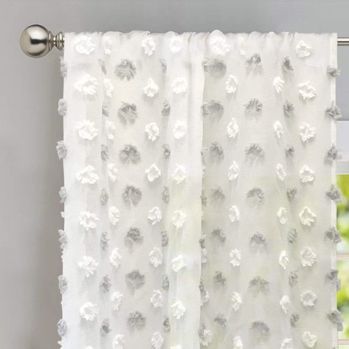 DriftAway Linen Textured Pom Pom Sheer Curtains Rod Pocket Curtain 84 Inch 2 Panels Sets for Living Room Farmhouse Boho Drapes Gray Semi Sheer Nursery Children Kids Curtain 52"x84" Gray and White