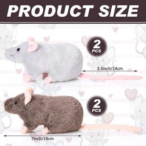 Kasyat 4 Pcs Fake Rat Stuffed Animals 7 Inch Fake Mouse Plush Toys Soft Cuddly Stuffed Mouse Realistic Rat Plushies for Christmas Costume Accessories Birthday Party Favors Prank Props(Brown, Grey)