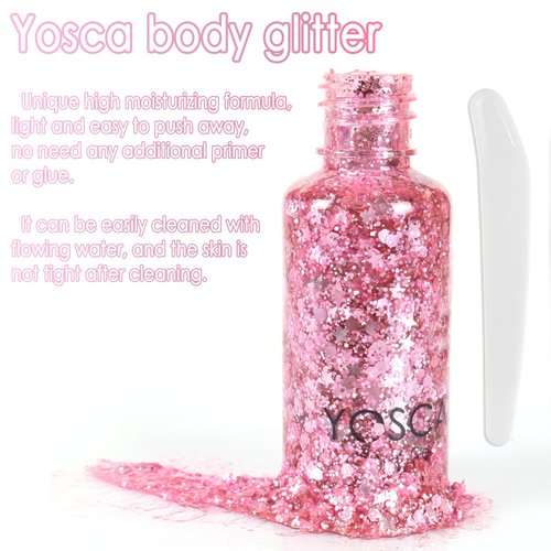 Pink Body Glitter Gel, 30ML Holographic Face Adhesive Mermaid Sequins Body Chunky Glitter Powder Rave Accessories Liquid Lotion for Women Music Tour, Festival Carnival Makeup, Girls Stage- Pinky