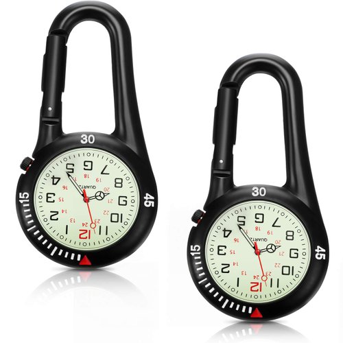 Hicarer 2 Pieces Clip on Quartz Watch Backpack Fob Belt Watch Glow in The Dark Unisex Pocket Watch with White Dial for Doctors Nurses Outdoor Activities (Black)