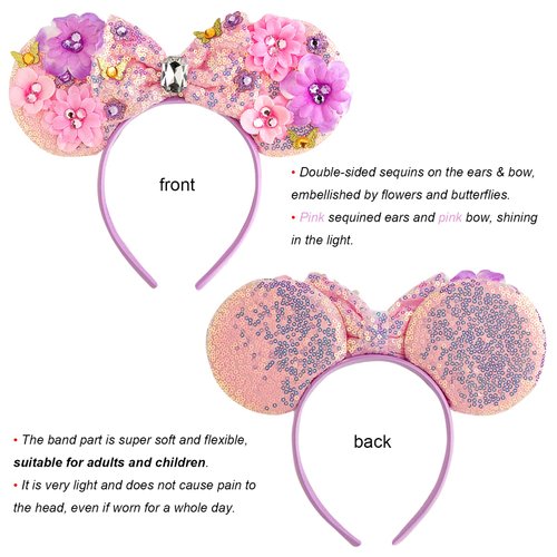 CHuangQi Mouse Ears Headbands with Shiny Bow, Double-sided Sequins Glitter Hair Band for Birthday Party Celebration or Event