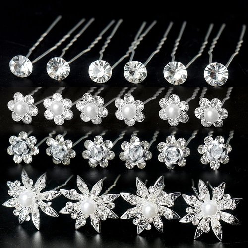 40 Pieces Bridal Hair Pins, Clips and Barrettes with Crystal Pearl Flowers, Women's Proms Hair Jewelry Accessories, Gift Stocking Stuffers for Girls